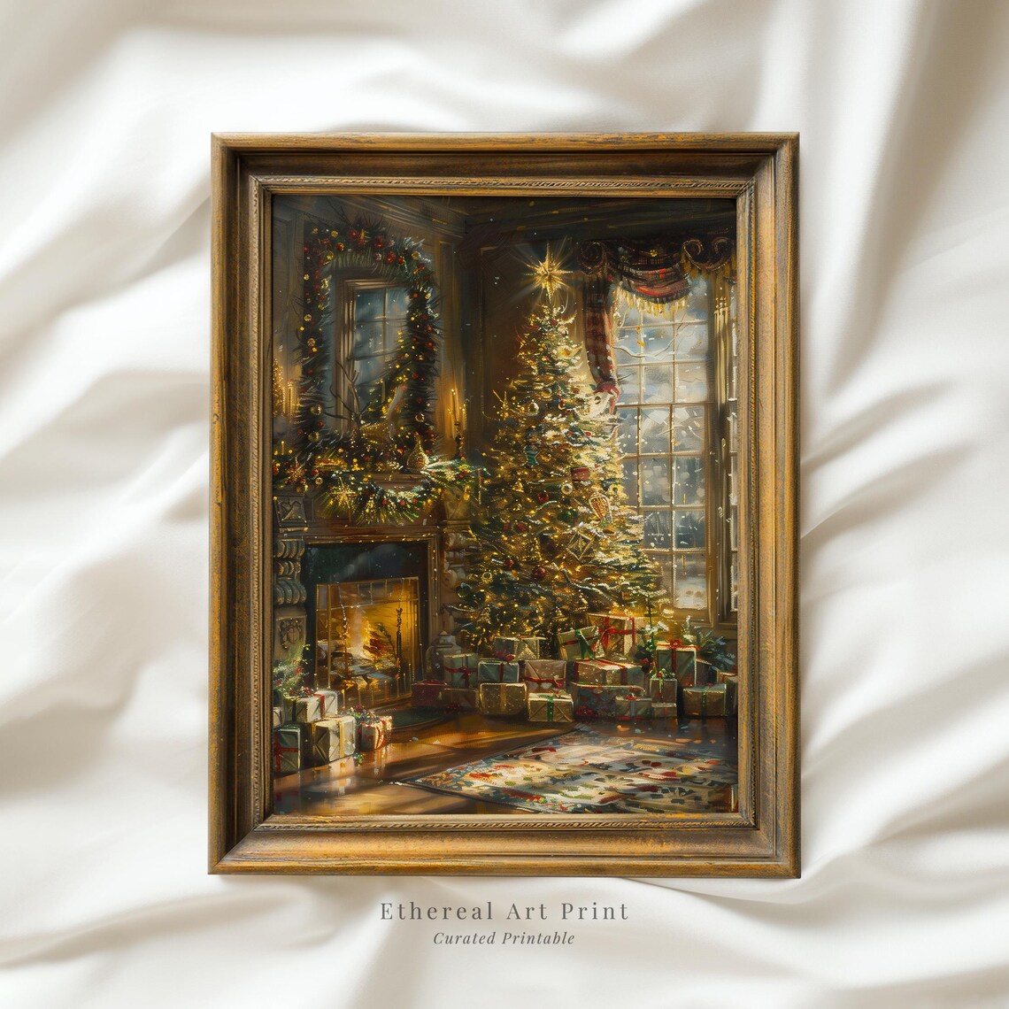 Cozy Vintage Christmas Living Room Tree Fireplace Oil Painting Poster