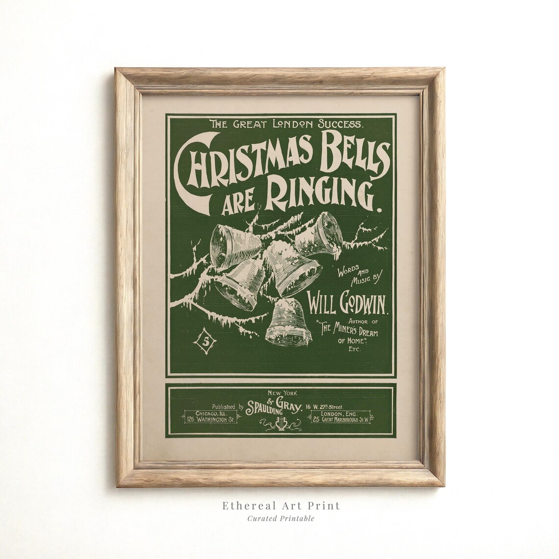 Vintage Christmas Bells Sheet Music Cover Poster Retro Green Print