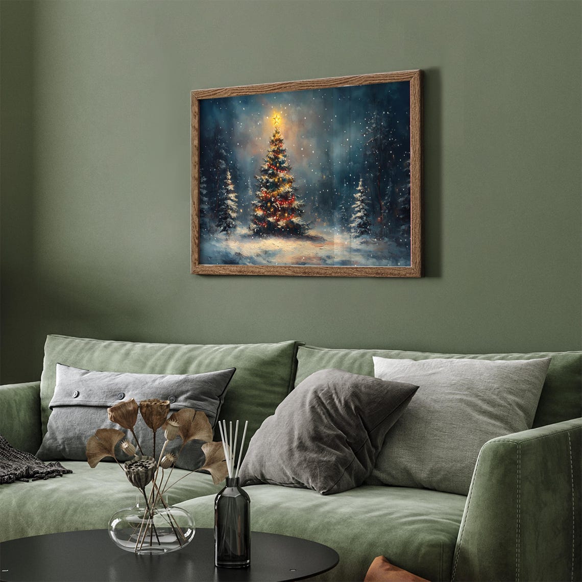 Decorated Christmas Tree With Bright Star Snowy Night Art Poster - Image 3
