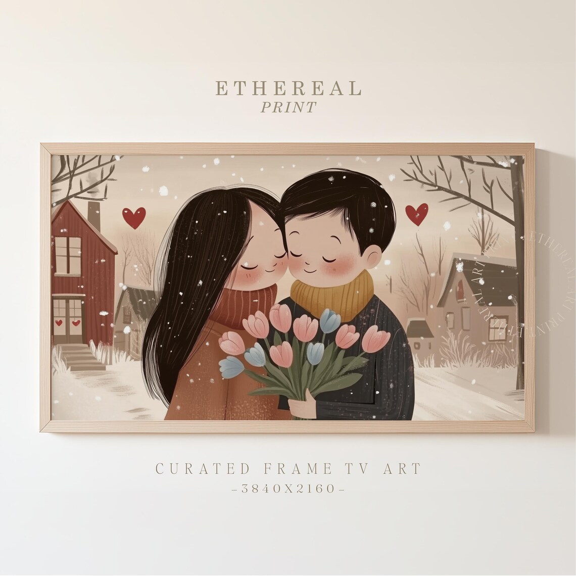 Cozy Couple Embracing In Snowy Village Tulip Bouquet Art Print