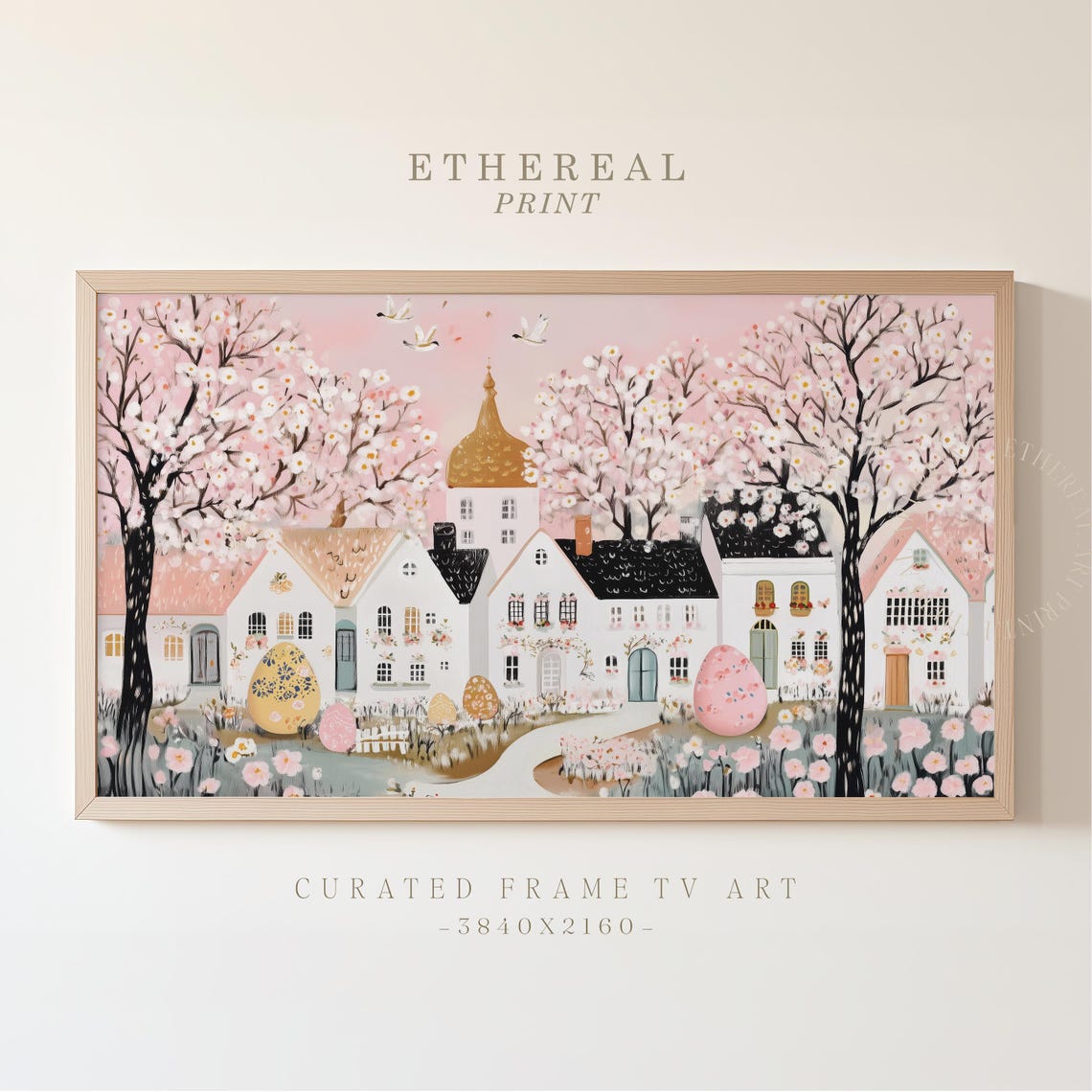 Pink Cherry Blossom Easter Village Golden Dome Church Spring Wall Art
