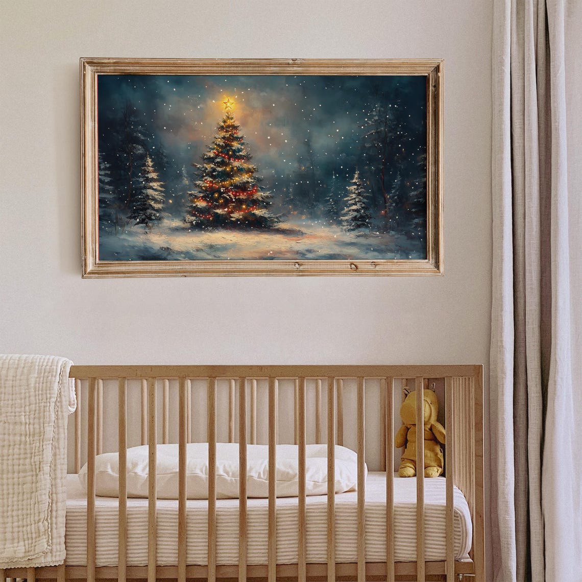 Decorated Christmas Tree With Bright Star Snowy Night Art Poster - Image 2