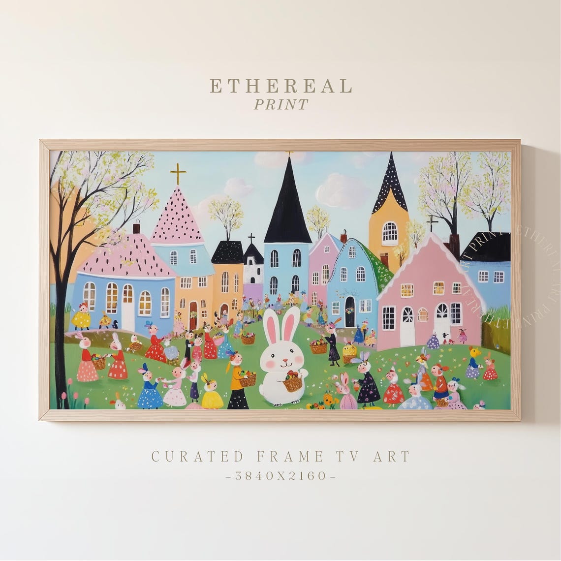 Easter Bunnies In Dresses With Baskets Pastel Village Scene Wall Art