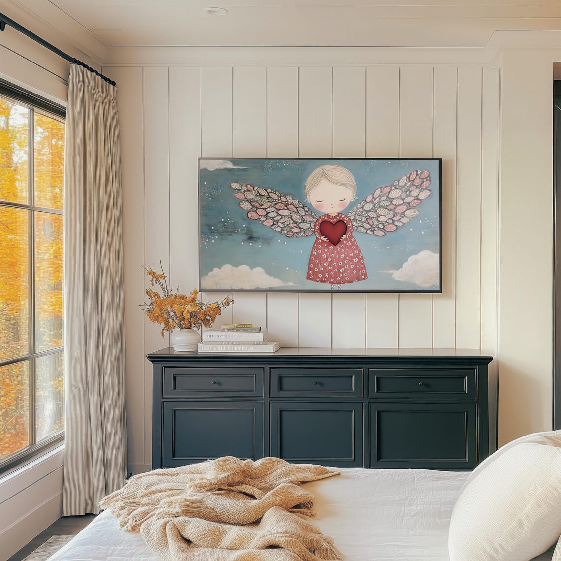 Blonde Angel in Red Dress With Leaf Wings Starry Night Art Print - Image 3