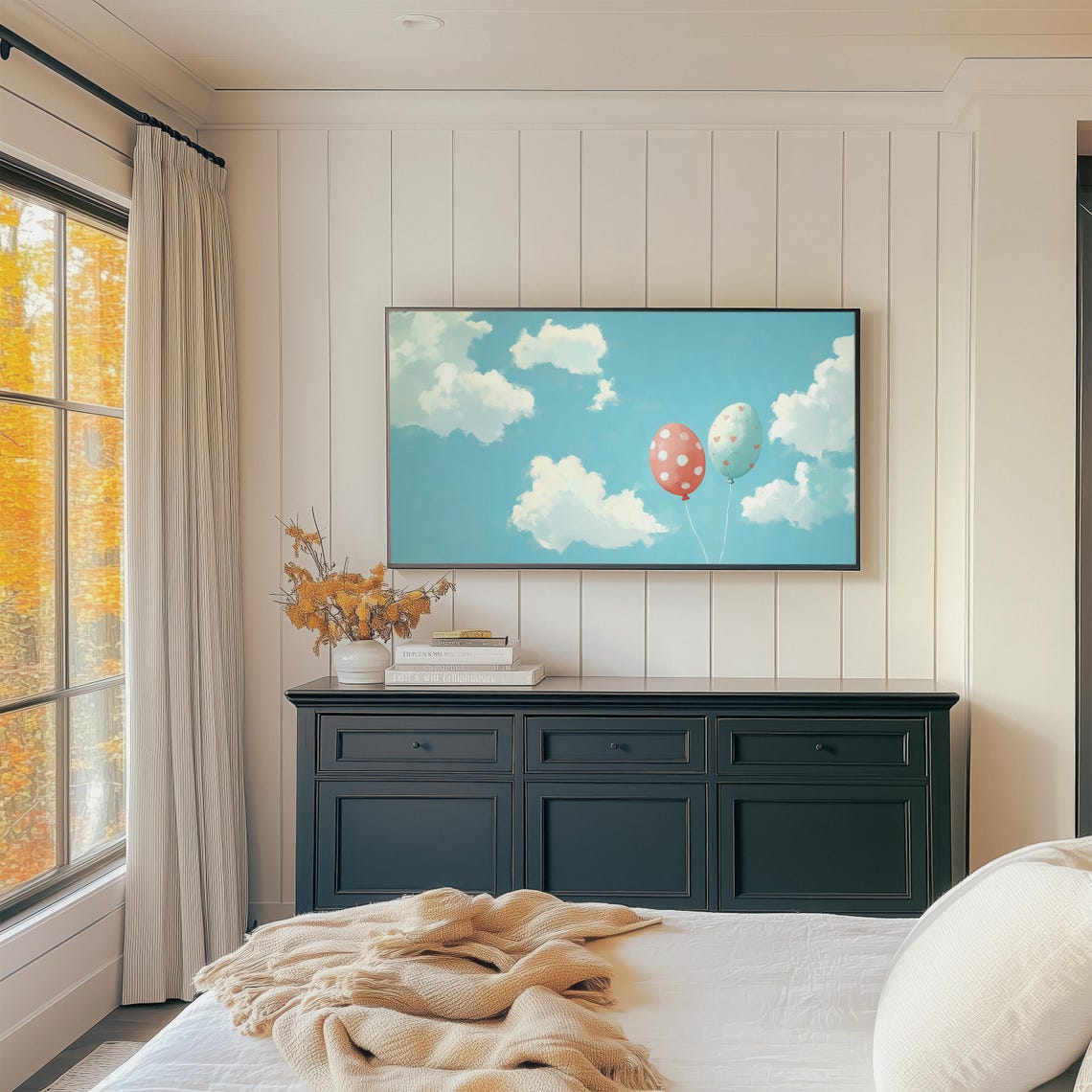 Polka Dot And Heart Balloons Floating In Blue Sky Whimsy Wall Art - Image 3