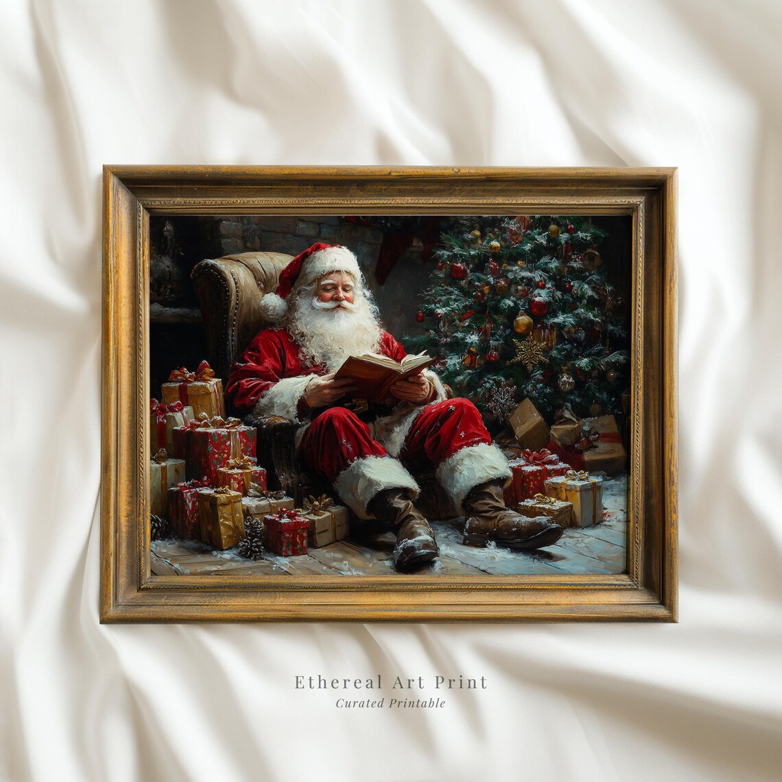 Santa Reading By Christmas Tree Armchair Holiday Painting Wall Art