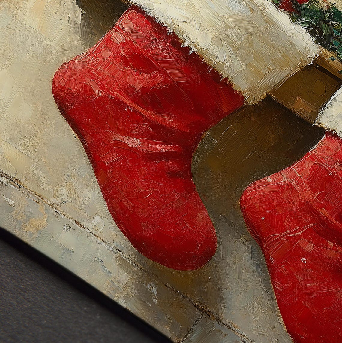 Classic Red Christmas Stockings With Fur Trim Holly Mantel Art Print - Image 4
