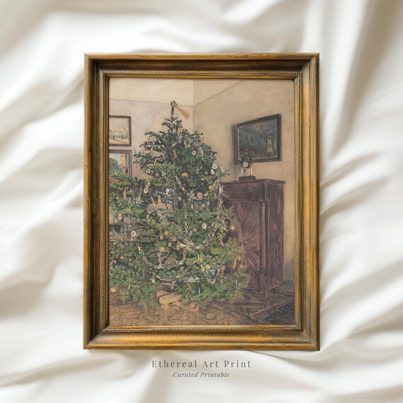 Vintage Christmas Tree Print Winter Evergreen Tree Painting Moody Festive Art Farmhouse Holiday Wall Decor Xmas Prints