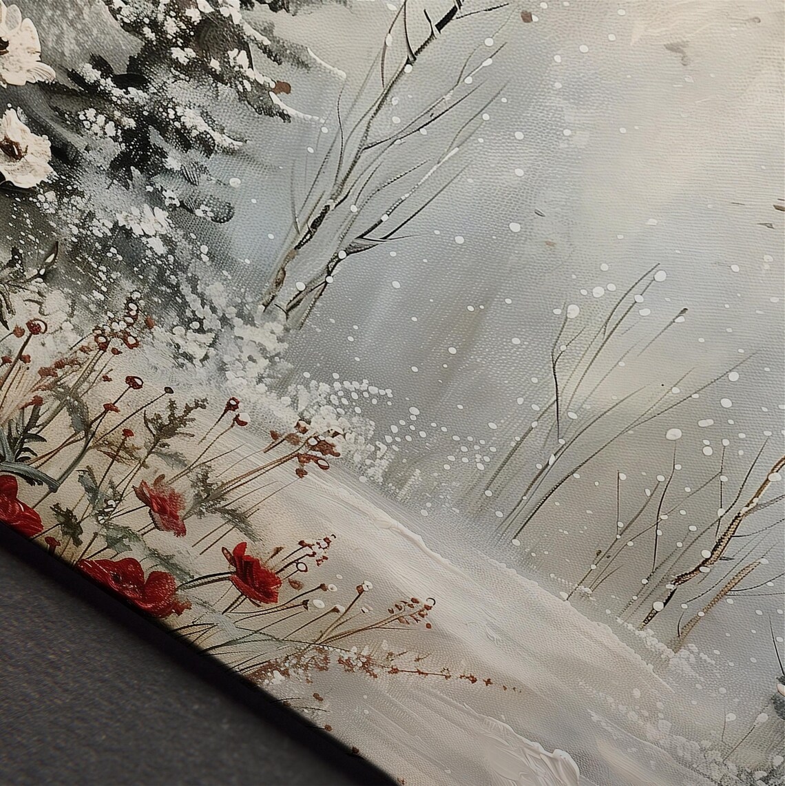 Snowy Winter Forest With Wildflowers Vintage Landscape Painting Print - Image 4