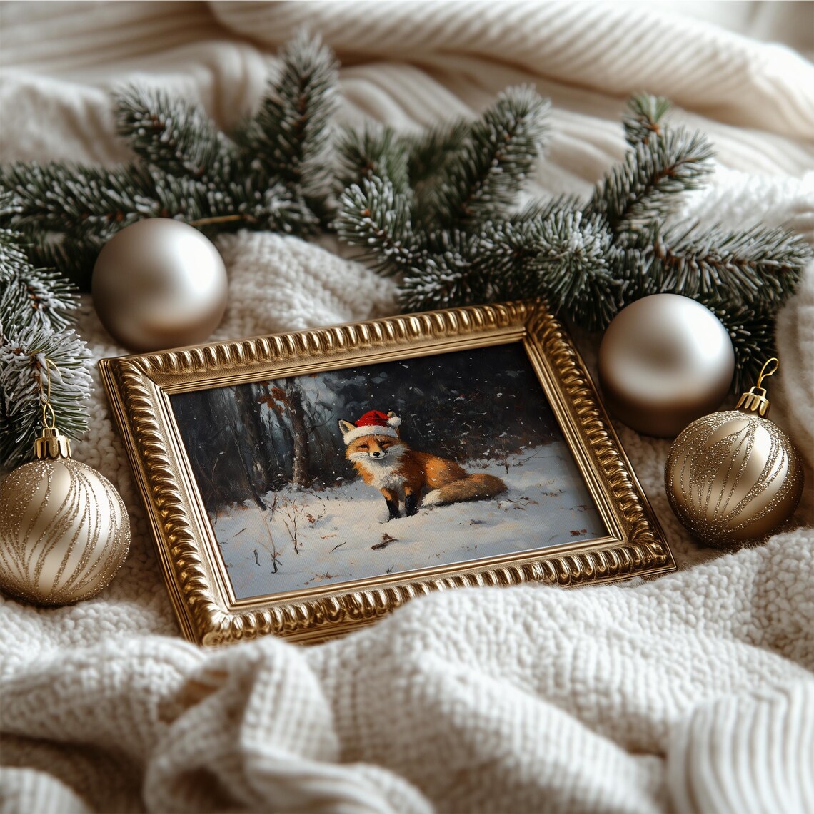 Charming Red Fox Santa Hat Snowy Woodland Christmas Print Art - Image 4