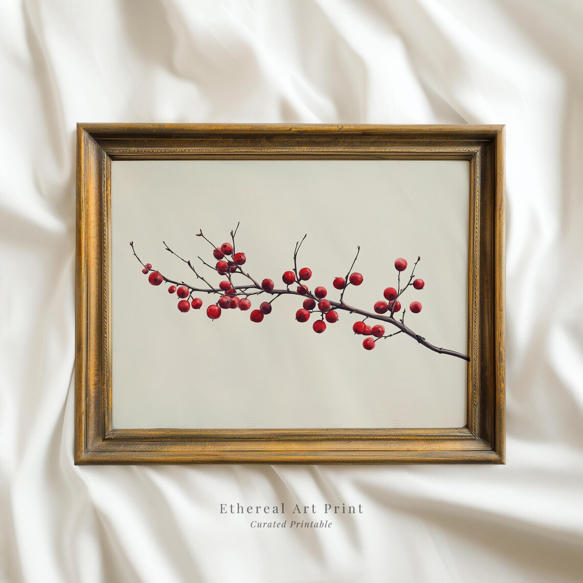 Winter Red Berries On Bare Branch Minimalist Botanical Sketch Wall Art
