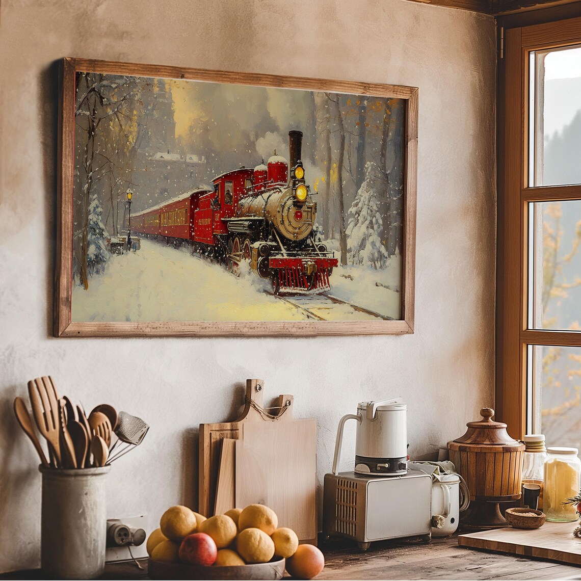 Classic Red Steam Train Snowy Forest Christmas Holiday Wall Art - Image 3
