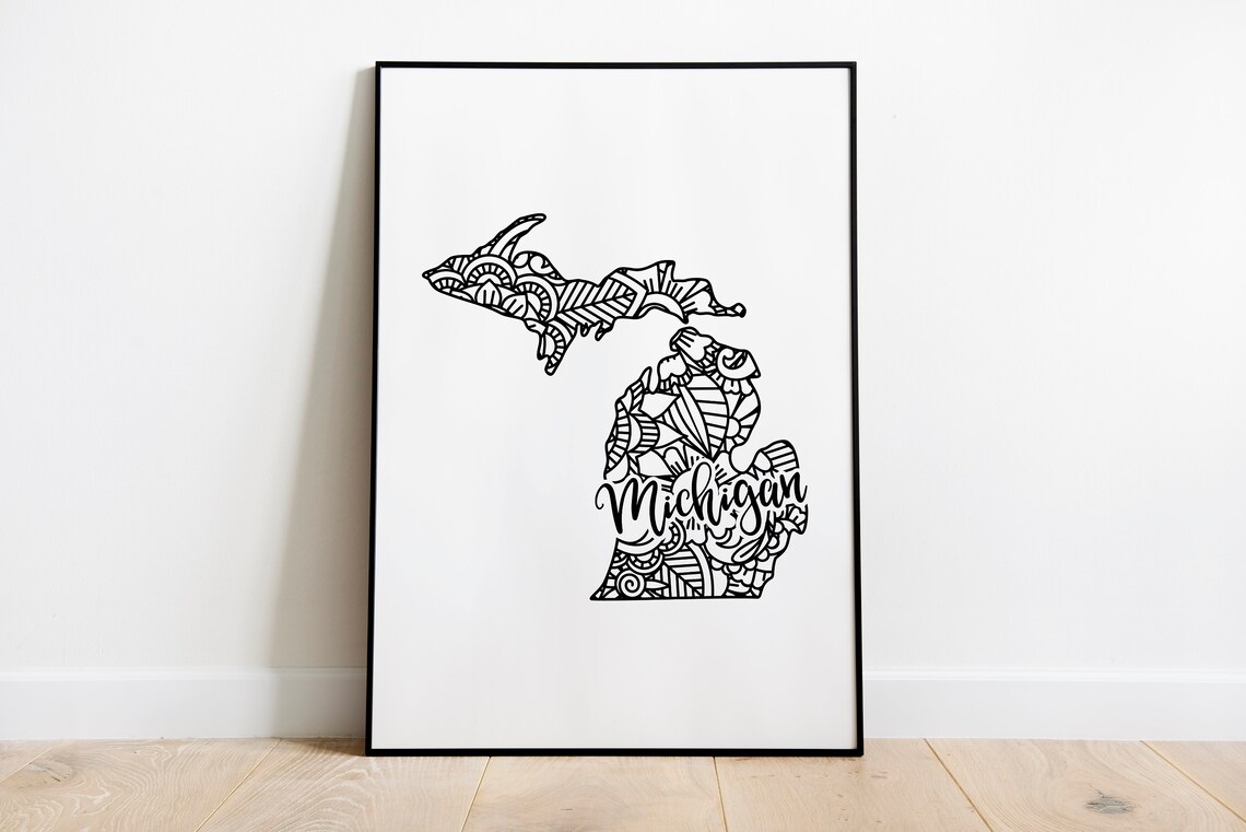 Michigan Floral Mandala State Outline Map Black White Home Decor Poster