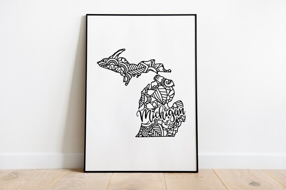 Michigan Floral Mandala State Outline Map Black White Home Decor Poster