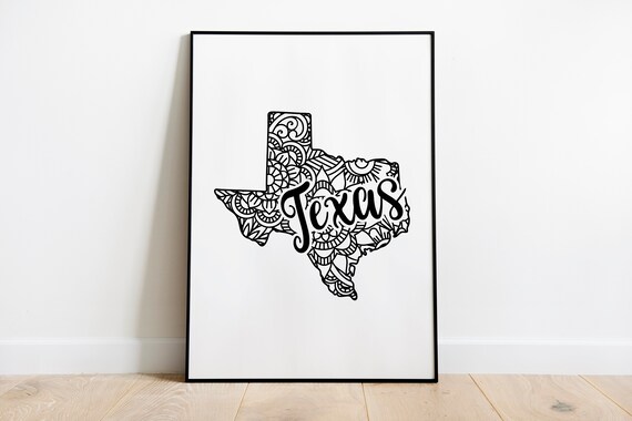 Texas Mandala State Outline Minimalist Black White Line Art Home Decor Poster