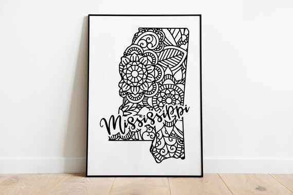Mississippi Floral Mandala State Outline Map Black White Home Decor Poster