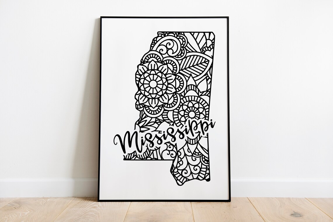 Mississippi Floral Mandala State Outline Map Black White Home Decor Poster