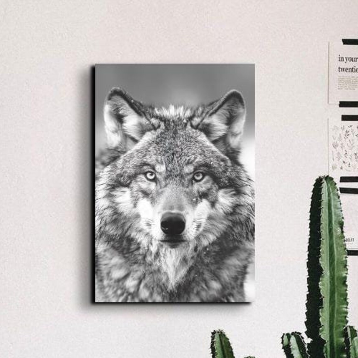 Gray Wolf Face Portrait Black and White Wildlife Photo Art Poster