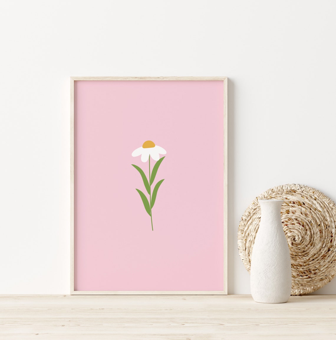 Single White Daisy Pink Background Minimal Floral Nursery Poster