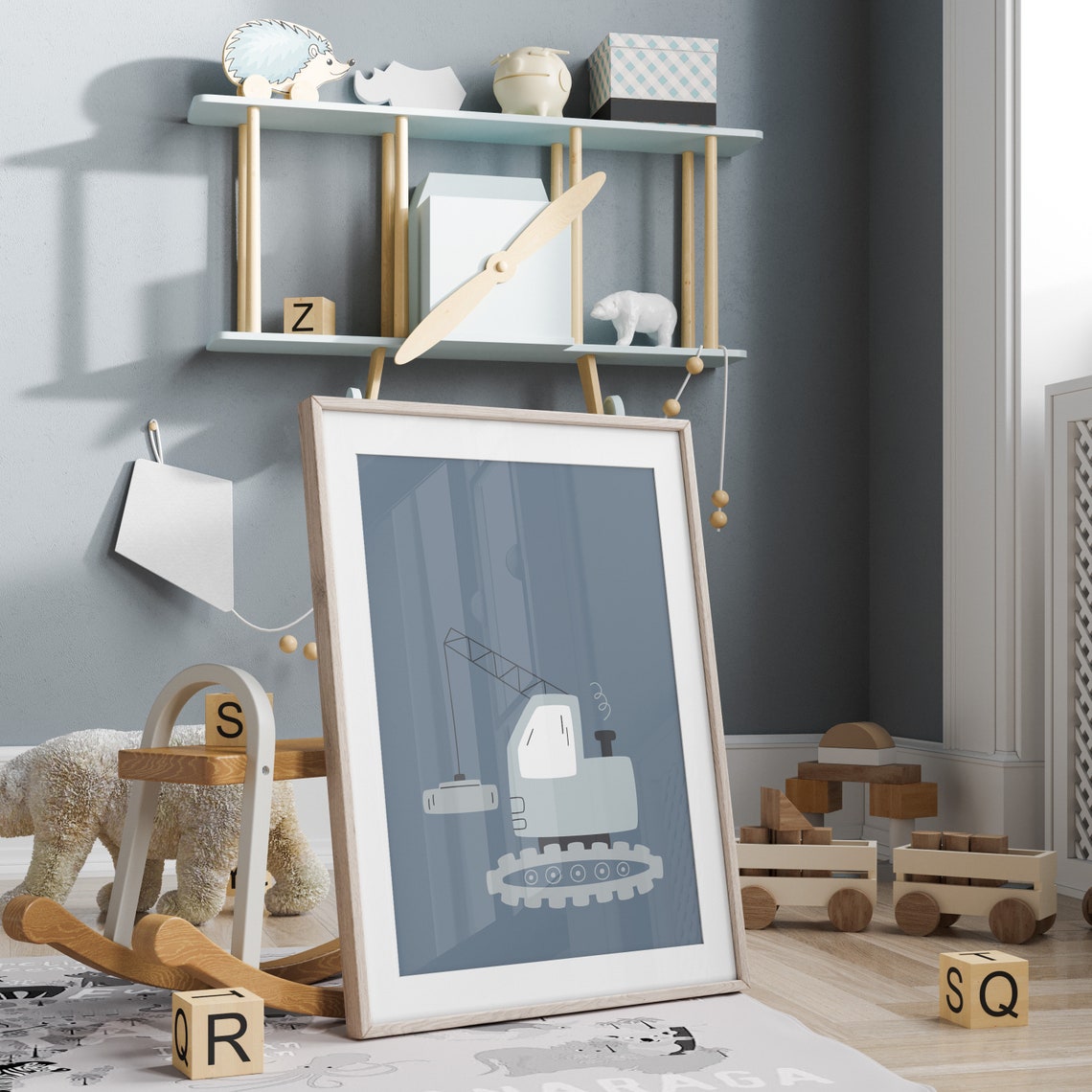 Blue Crane Truck Construction Vehicle Poster For Boys Nursery - Image 4