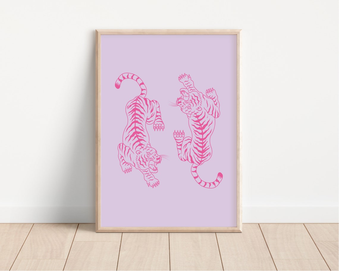 Pink Tigers Lilac Maximalist Preppy Animal Illustration Poster - Image 2