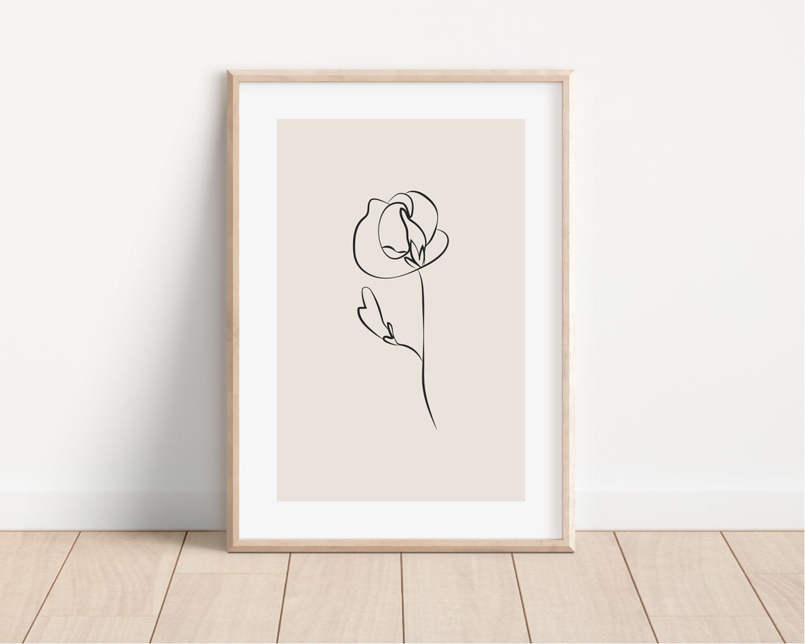 Single Line Rose Bloom Drawing Beige Minimalist Floral Decor Poster - Image 2