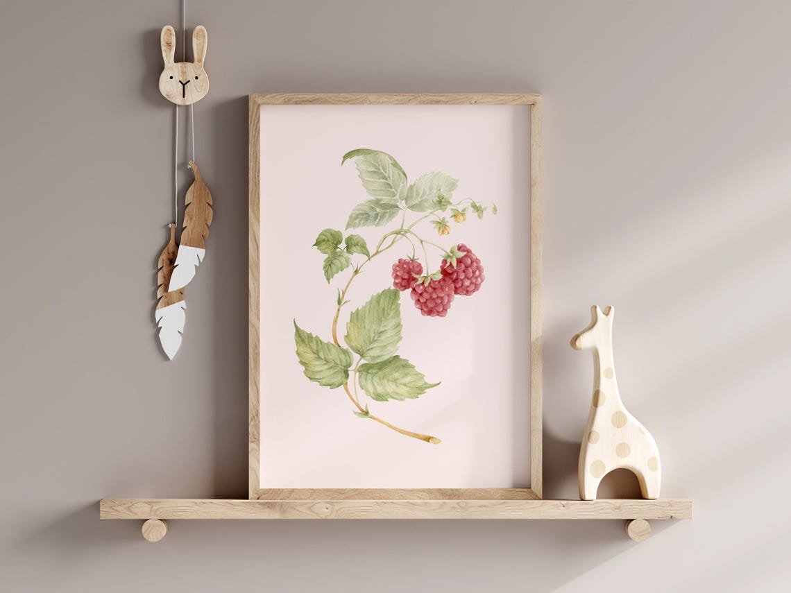 Raspberry Botanical Watercolor Poster Blush Pink Fruit Nursery Art - Image 3