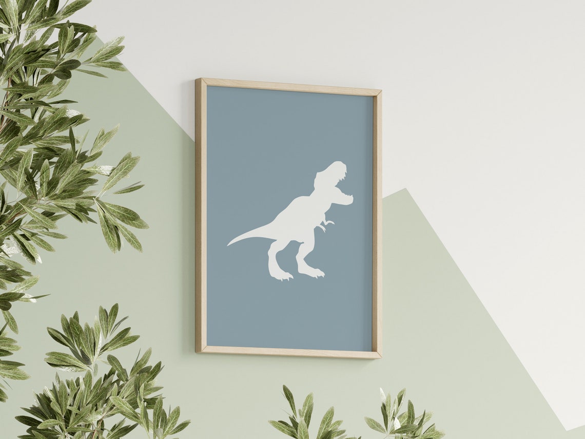 White T Rex Dinosaur Silhouette Blue Boys Nursery Print for Kids - Image 3