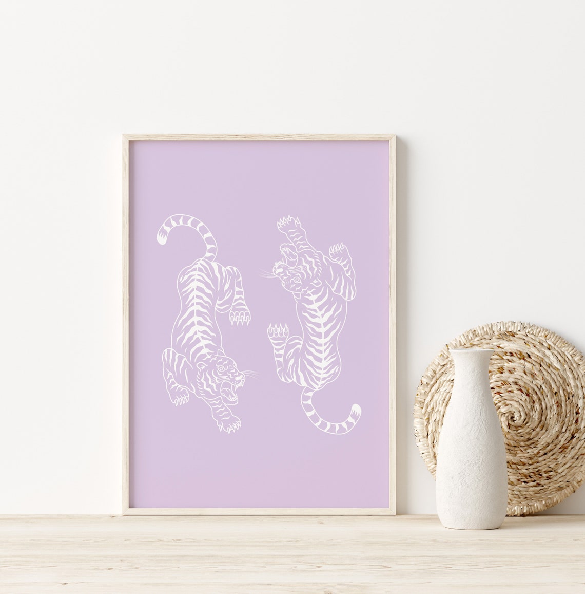 Lilac Twin Tigers Japanese Style Minimal Line Art Dorm Poster - Image 2