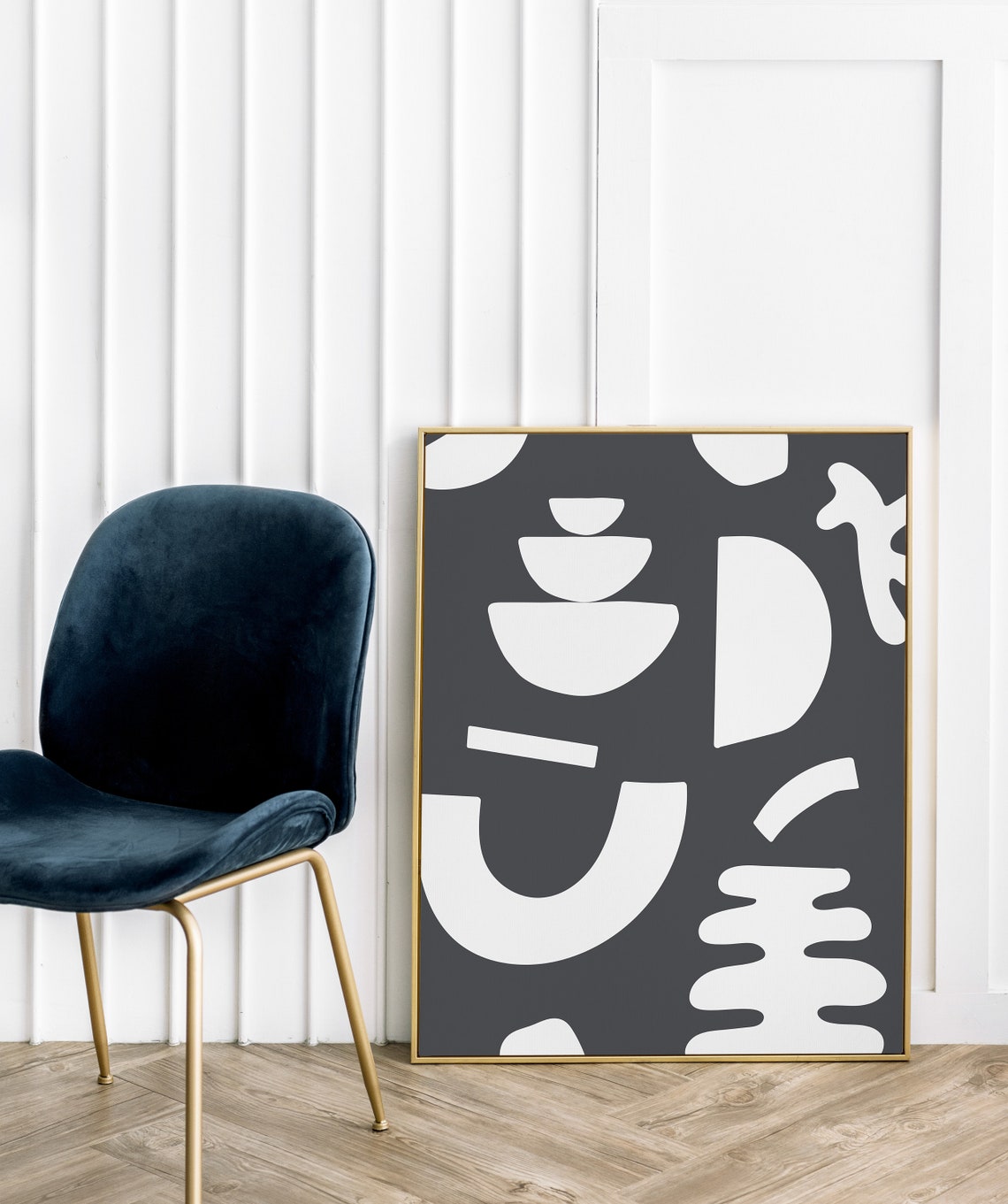 Dark Grey Abstract Organic White Shapes Modern Minimalist Art Poster - Image 6