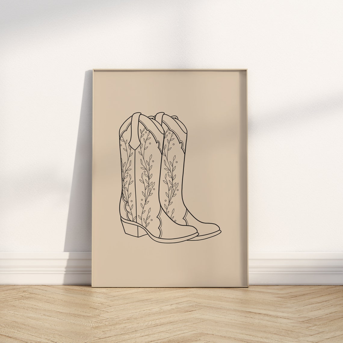 Beige Cowboy Boots Outline Poster Neutral Western Floral Art Design - Image 2
