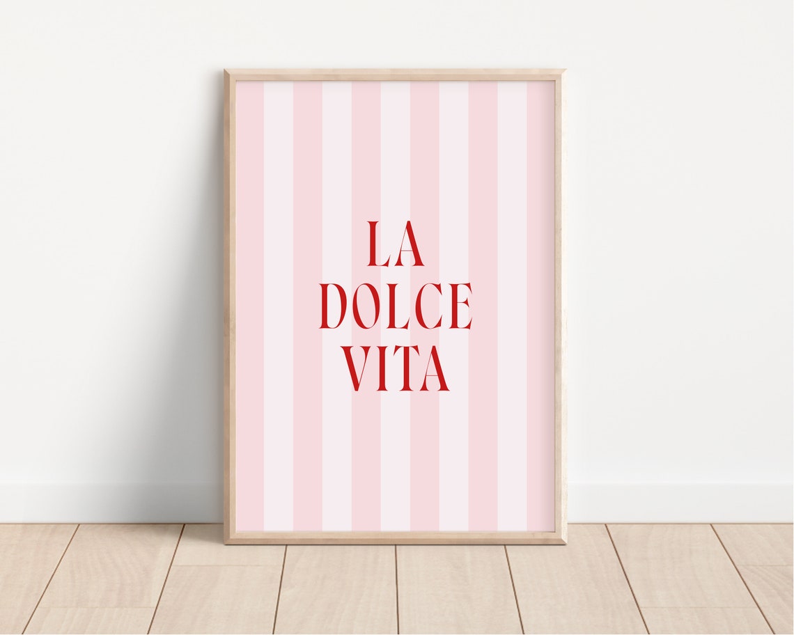 La Dolce Vita Italian Quote Red Typography Pink Striped Poster - Image 2