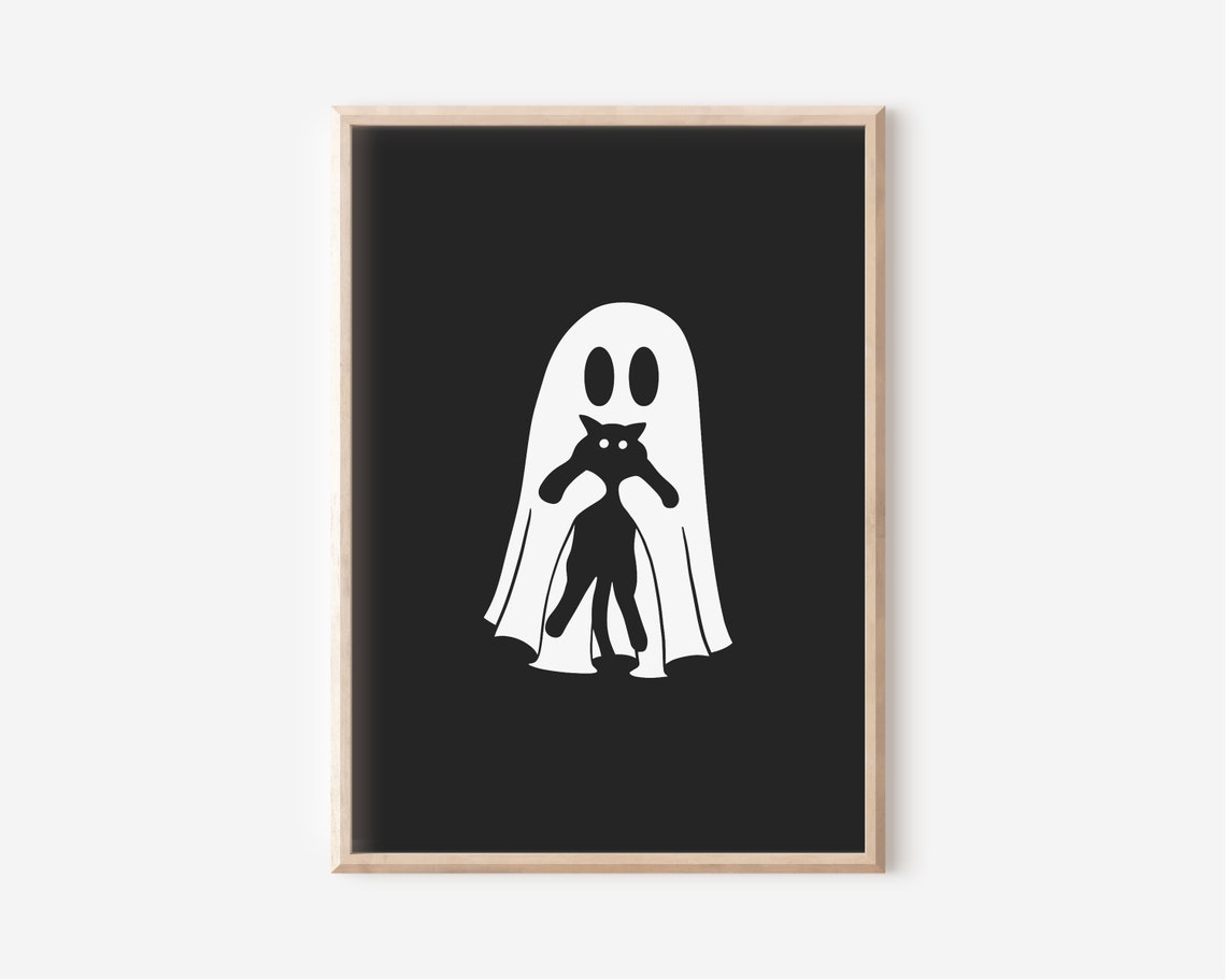 Halloween Ghost Holding Black Cat Spooky Black Background Poster - Image 5