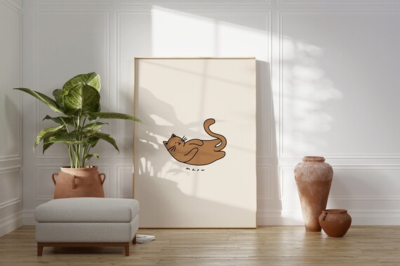 Tan Cat Meow Cream Background Quirky Cute Cartoon Animal Print