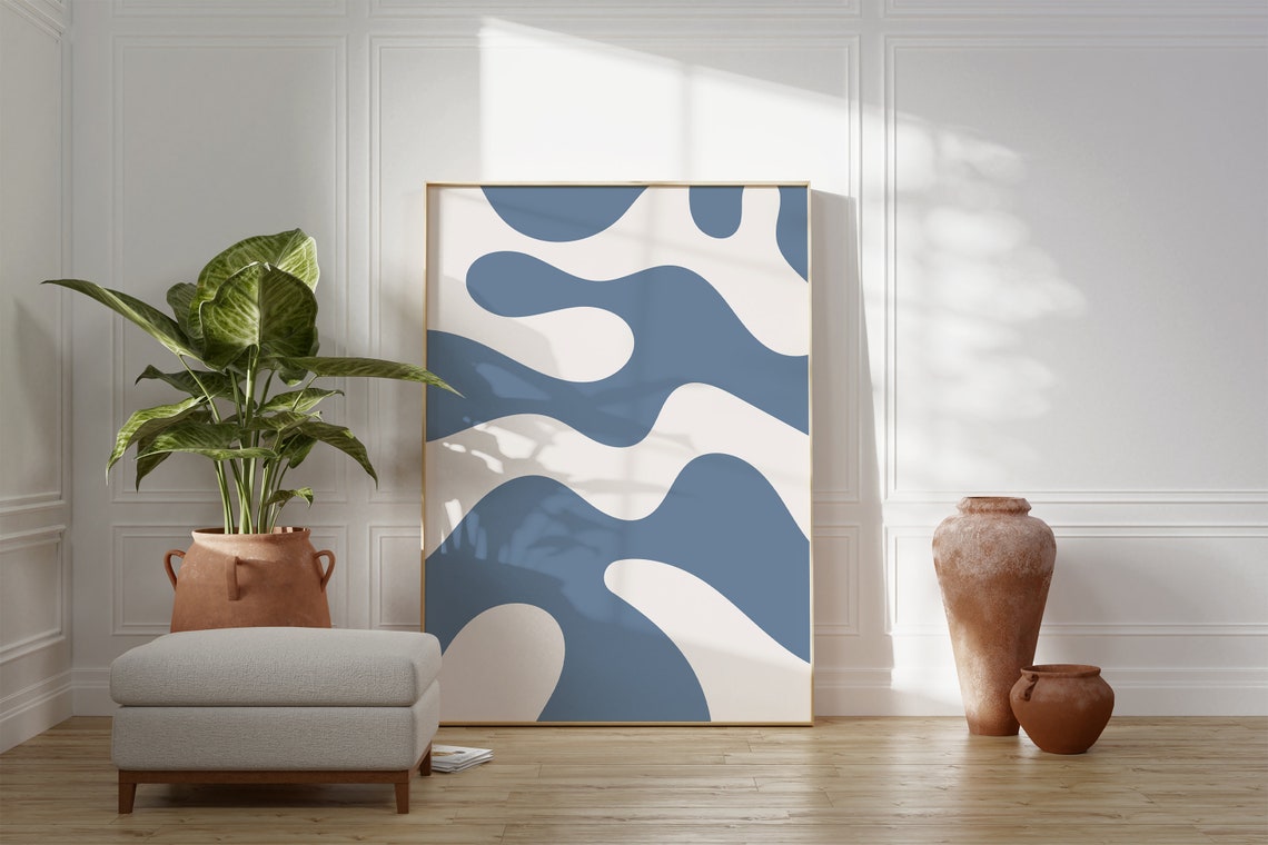Dusty Blue Wavy Abstract Modern Coastal Living Room Wall Poster