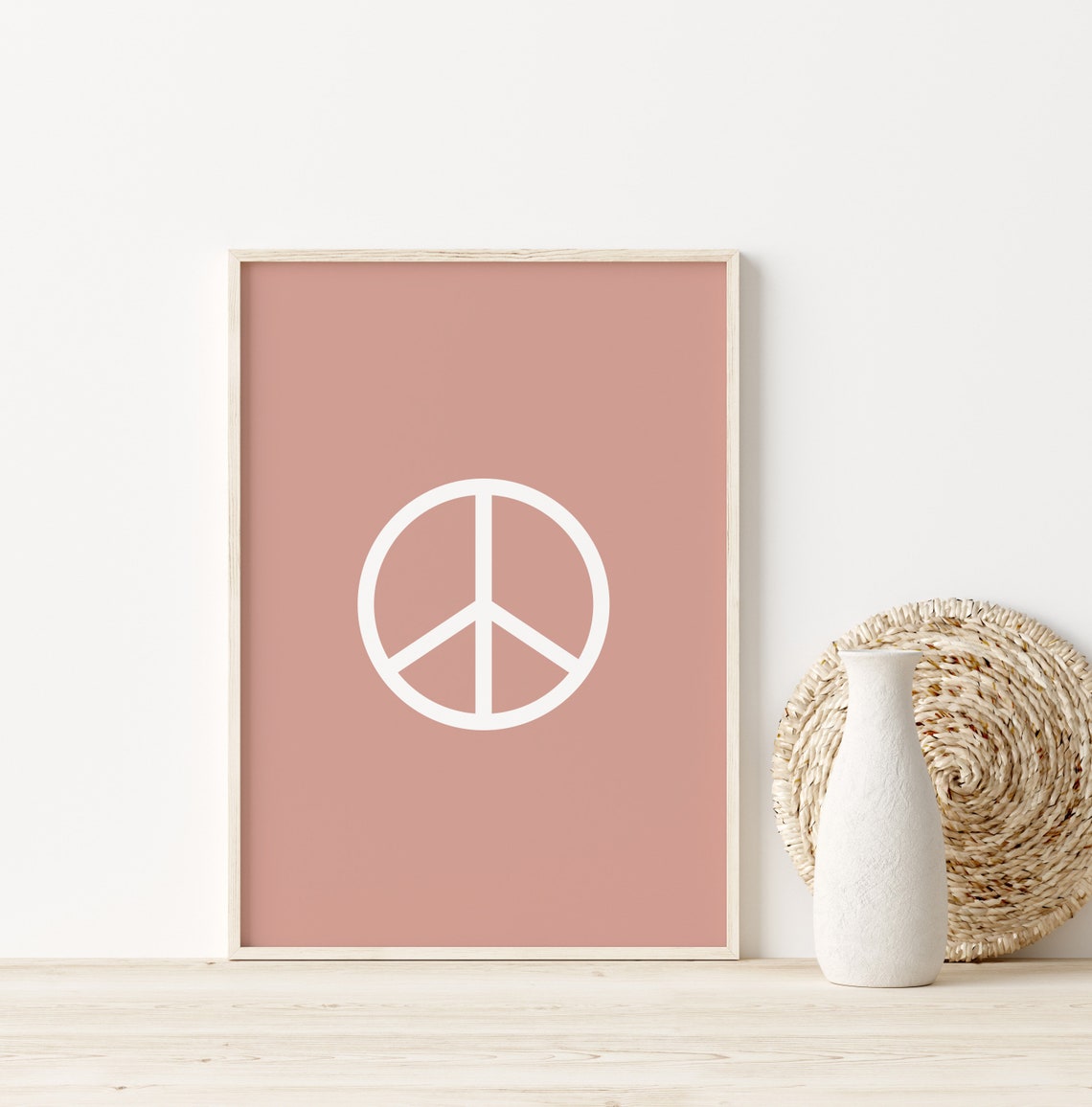 White Peace Sign Dusty Pink Minimalist Boho Symbol Decor Poster