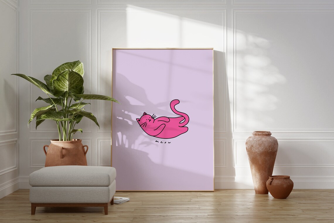 Pink Cat Meow Doodle Quirky Cat Poster For Cute Preppy Bedrooms - Image 4