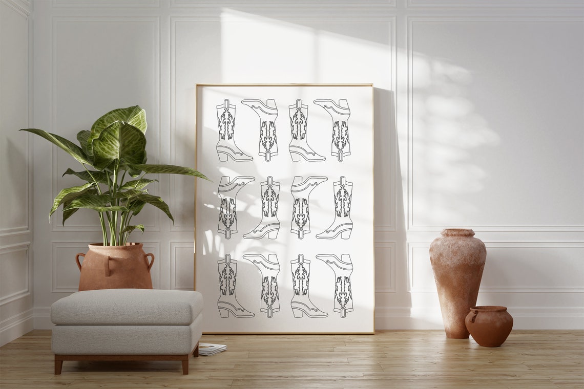 Cowboy Boots Line Art Grid Western Fashion Trendy Dorm Room Poster