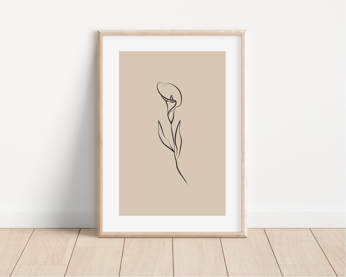 Single Line Calla Lily Drawing Tan Beige Minimalist Botanical Poster