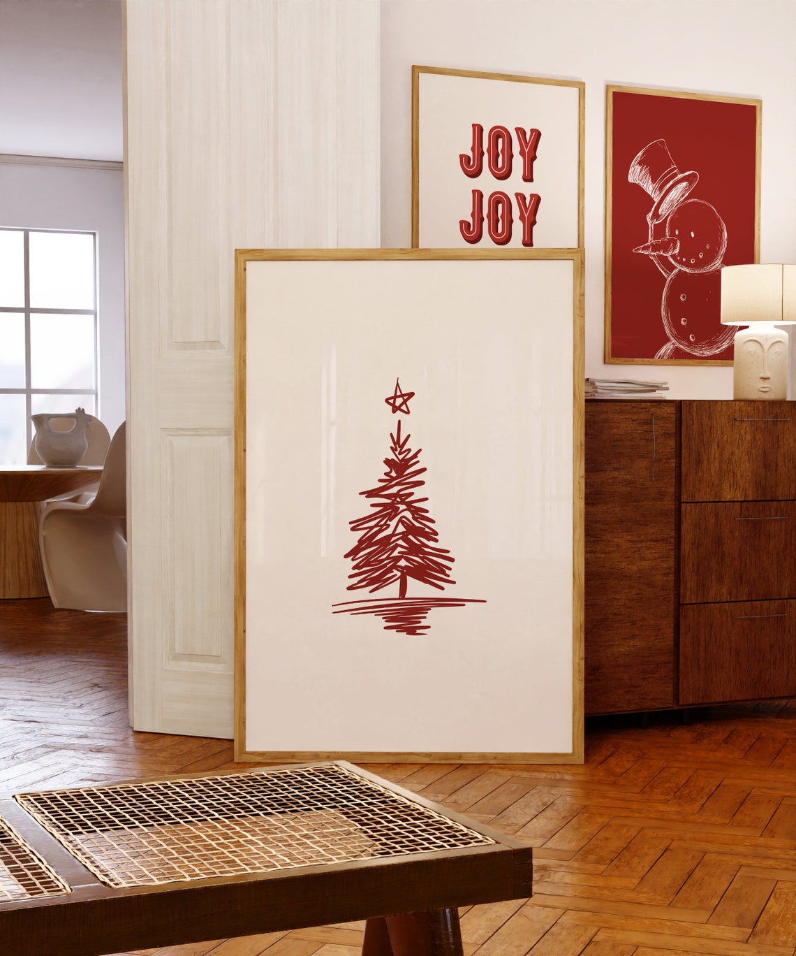 Red Sketch Christmas Tree Star Topper Cream Minimalist Poster - Image 3