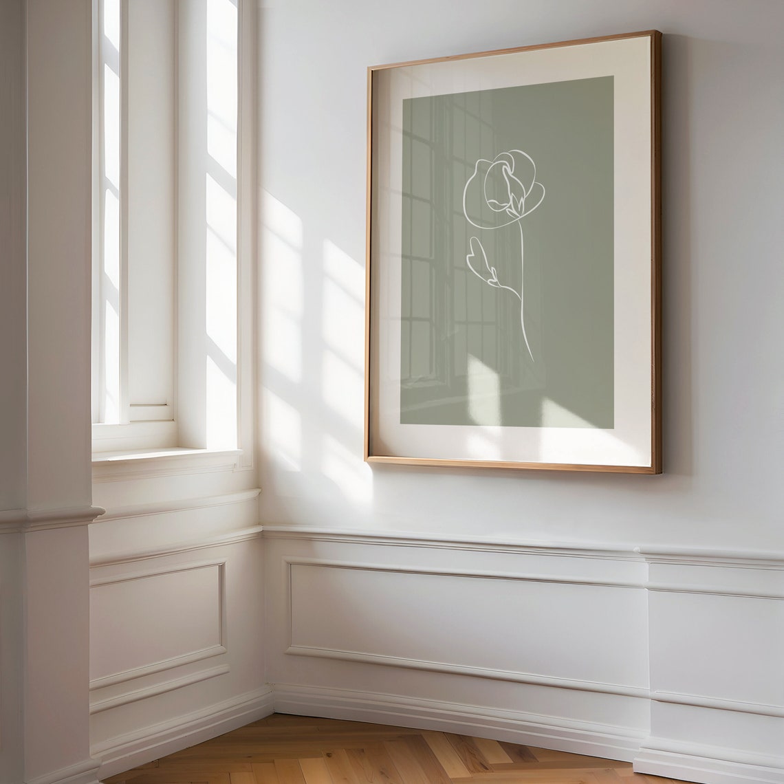 Sage Green Botanical Line Art Poster Minimalist White Flower Drawing - Image 3