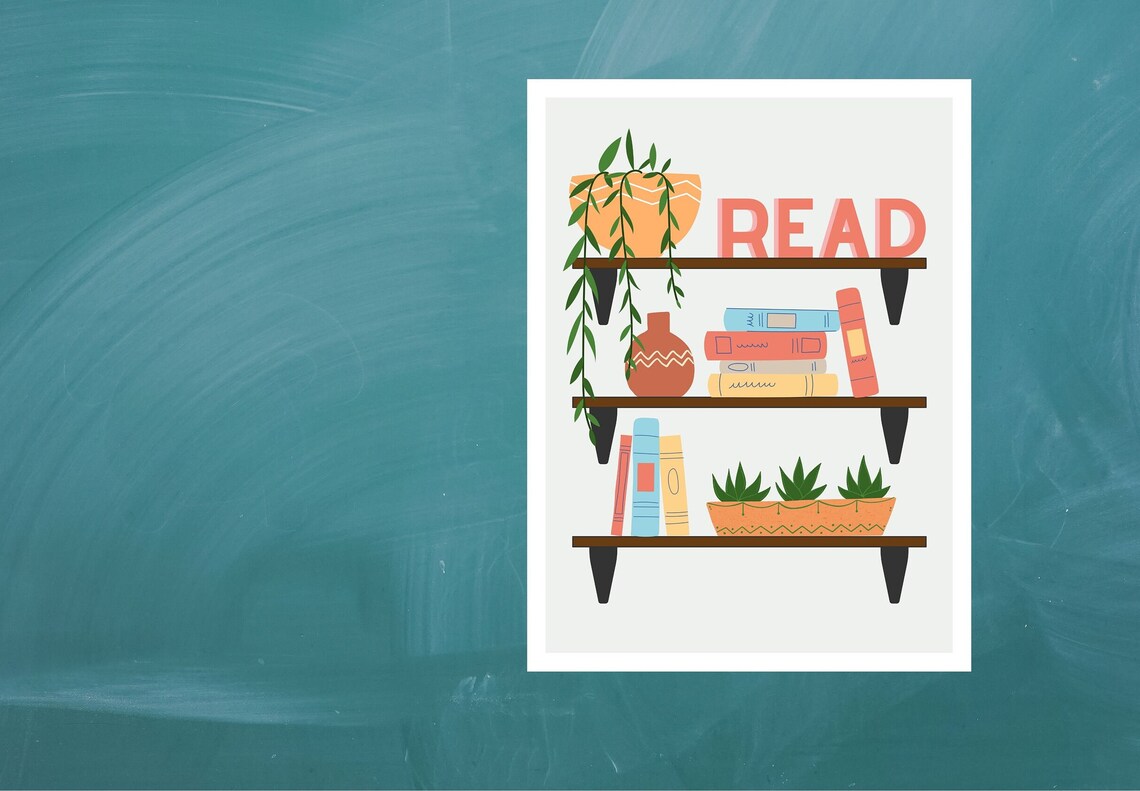 Boho Classroom Read Plant Bookshelf Art Print - Image 5