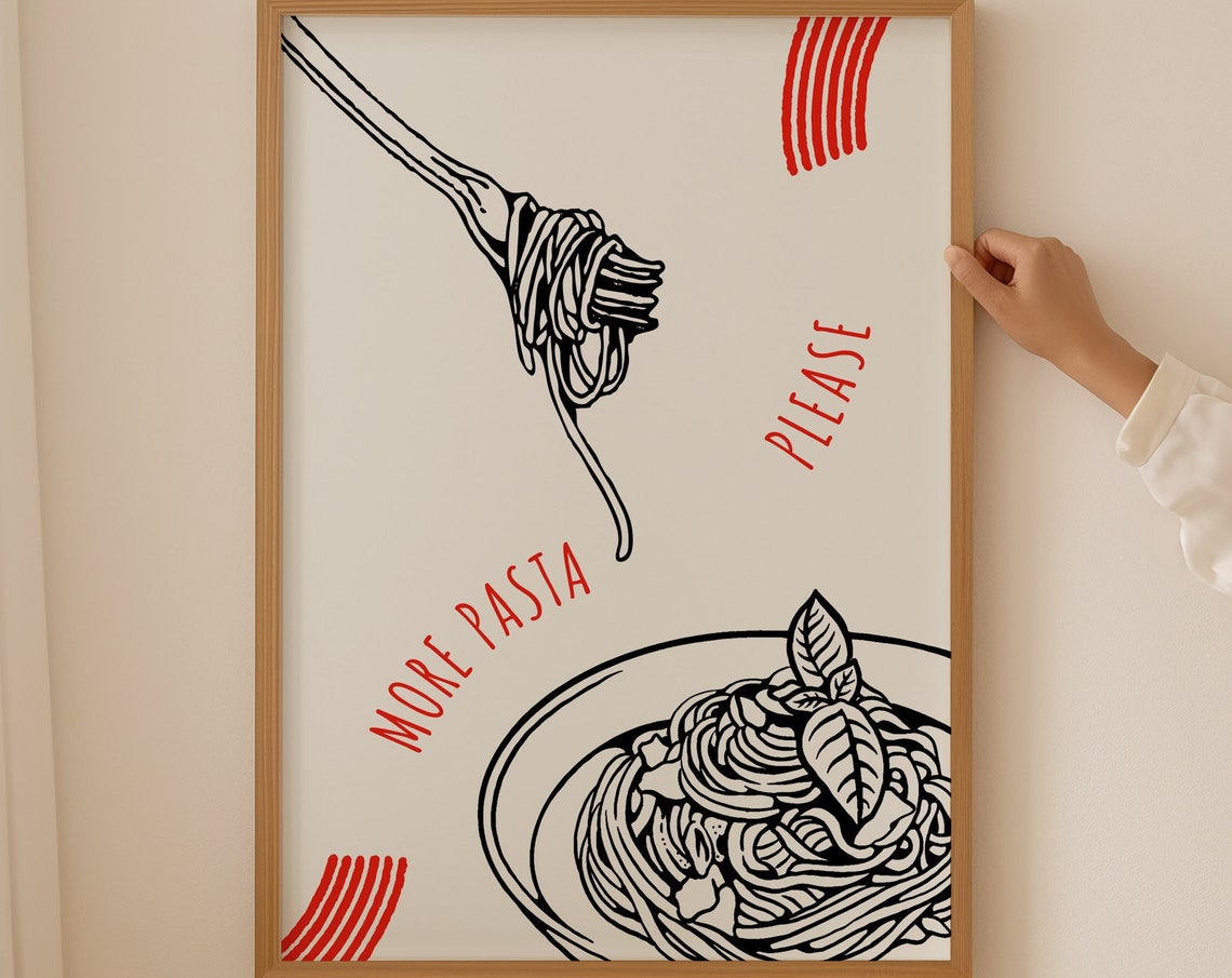 More Pasta Please Spaghetti Bowl Basil Black Line Art Kitchen Poster