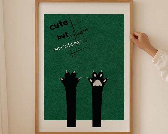 Cat Portrait Green Wall Art Black Cat Paw Print Funny Posters Animal Nursery Prints Trendy Poster Bathroom Decor Cat Lover Gift
