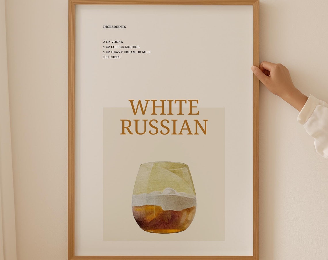 White Russian Cocktail Recipe Coffee Liqueur Cream Bar Art Print
