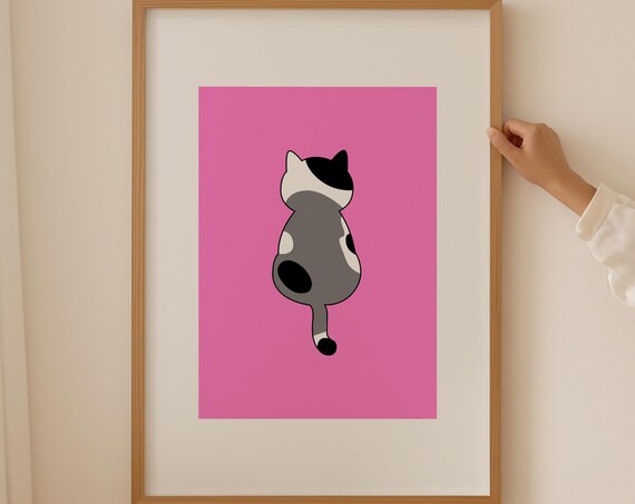Grey Spotted Cat Back View on Bright Pink Minimalist Art Poster