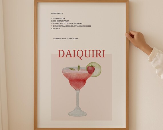 Daiquiri Cocktail Recipe Strawberry Watercolor Bar Sign Print