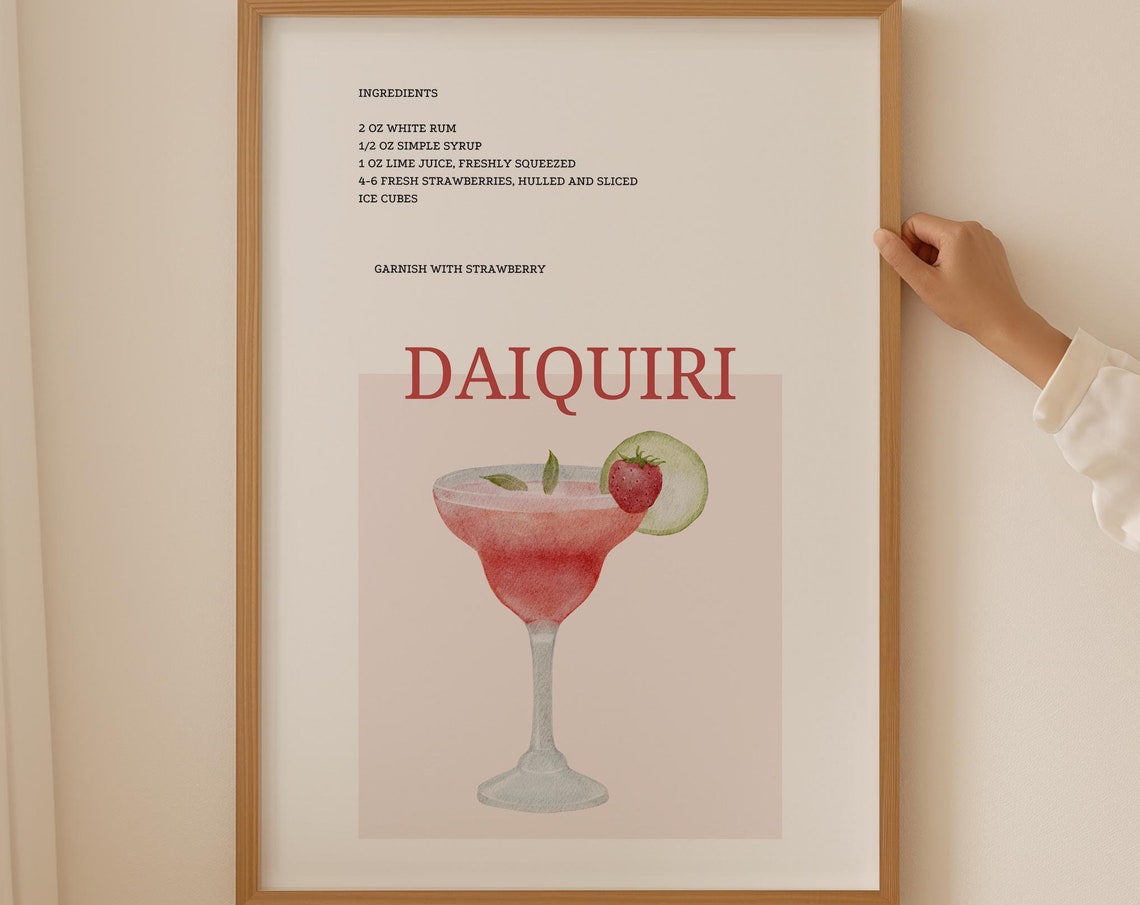 Daiquiri Cocktail Recipe Strawberry Watercolor Bar Sign Print