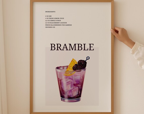 Bramble Cocktail Recipe Blackberry Gin Liqueur Watercolor Print