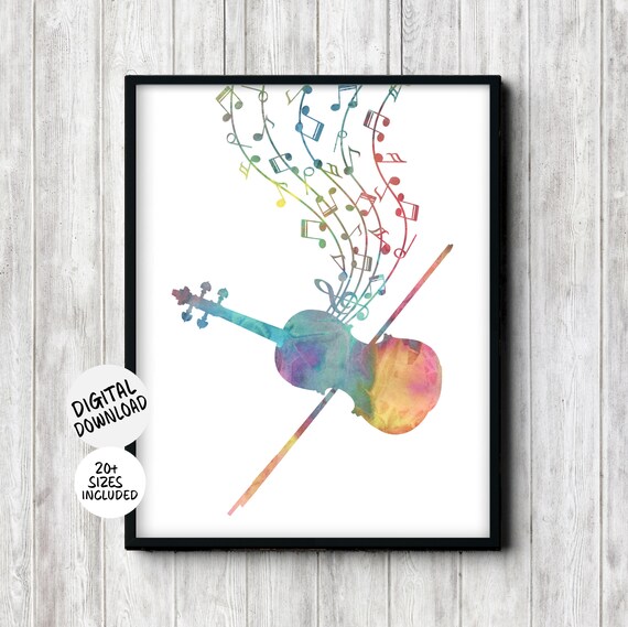 Watercolor Violin With Bow And Colorful Music Notes Art Poster